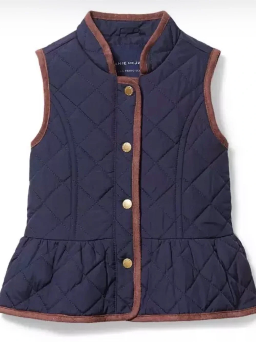 Janie and Jack Navy Quilted Peplum Vest with Brown Trim
